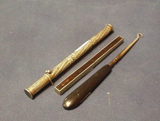 A Victorian embossed silver "pen case" 7 1/2", an Oriental eating set and a button hook