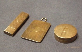 A rectangular silver hand mirror with engine turned decoration 3", a circular rouge pot and a rectangular box 3" Birmingham 1912