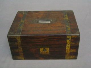 A Victorian rosewood and brass banded trinket box with hinged lid and brass counter sunk handle, with inscription, dated 29 June 1855, 12" (hinges and interior require attention)