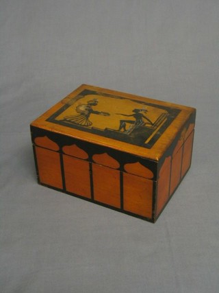 An Art Nouveau painted mahogany twin section tea caddy with hinged lid painted an Eastern court scene (some damage to lid) 8 1/2"