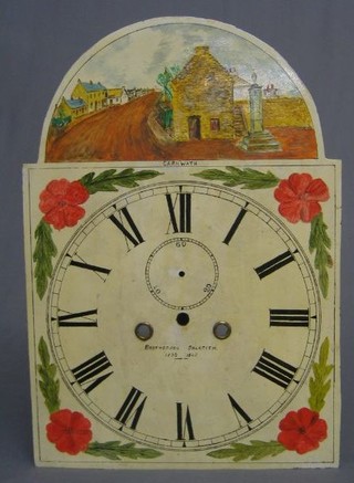An 18th/19th Century arch shaped and painted longcase clock dial, painted Carnwatch High Street, with floral spandrels and Roman numerals, minute indicator, with 2 winding holes, the dial marked Bortherson Dalkieth 1830 - 1940, 13"