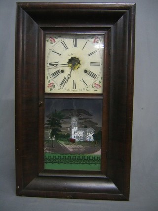 An American 30 hour wall clock with square painted dial by Jerome & Co., the glass panelled door with print of Greenwood Cemetery, contained in a walnutwood case