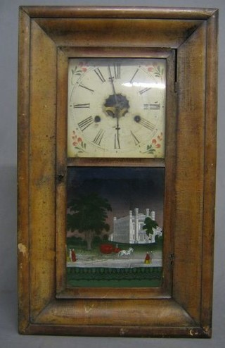 An American  30 hour striking wall clock with painted square dial by Jerome & Co., the door with print of a castle contained in a walnutwood case