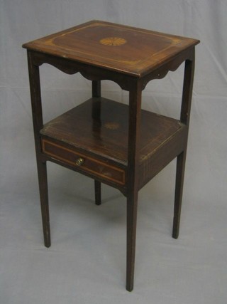 A 19th Century rectangular inlaid mahogany 2 tier wash stand, the base fitted a drawer (some damage to back) 17"