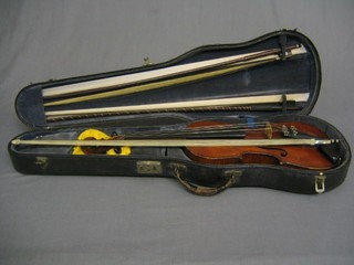 A violin with 2 piece back 14" complete with 3 bows and fibre carrying case