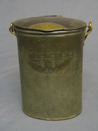 A 19th Century oval steel milk carrier with brass swing handle, marked Convent of the Holy Cross  Haywards Heath Sussex 8" (hinge f)