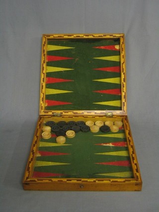 A wooden marquetry folding chess board/backgammon board 13"