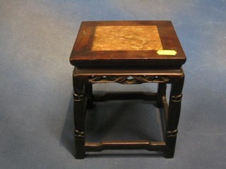 A miniature Oriental hardwood jardiniere stand with pink veined marble top 6"