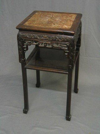 A 19th Century Oriental square carved Padouk wood 2 tier jardiniere stand, with pink veined marble top, 16"