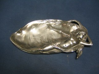 An embossed WMF style pewter pin tray decorated a maiden  9"