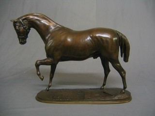 P Lenordes, a handsome 19th Century bronze figure of a walking horse, raised on an oval naturalistic base, with rectangular script which bears the words Reinus Neen 1852 Par Garry Quen Sanal Ptotahin Pcor Velocifed  Lip Am A Fiould 14"
