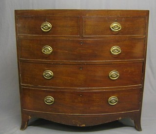 A Georgian mahogany bow front chest of 2 short and 3 long drawers, raised on splayed bracket feet 42"