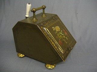 A Victorian painted and pressed metal coal box with hinged lid 12"