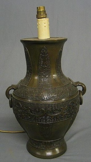 An Oriental bronze twin handled vase converted to a table lamp 15"