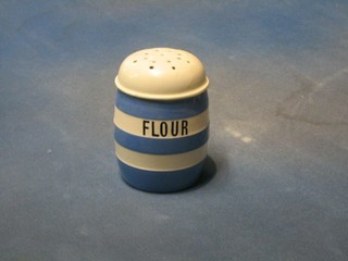 A T G Greener blue and white striped flour sifter, the base with green shield mark 5"