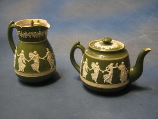 A Carltonware green Jasperware style teapot (slight chip to rim) and matching hotwater jug, base marked RD NO. 373865
