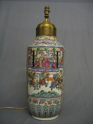 A 19th Century Canton famille rose porcelain vase decorated court figures (reduced in height) converted to an electric table lamp 20"