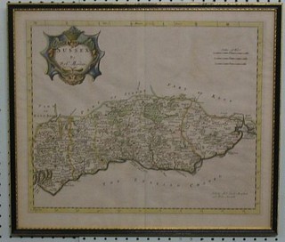 A 18th Century Robert Morden map of Sussex, 15" x 18" contained in a Hogarth frame