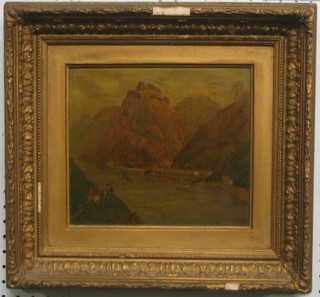 A Victorian Continental oil painting on board "Mountain Top Castle by a River" monogrammed AV 8" x 9"