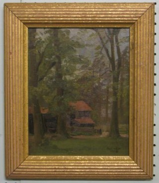 Paul Usher, oil on board "Wood with Building" signed and dated 1923 9" x 7 1/2"