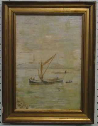 19th Century oil painting on board, impressionist scene "Barge with Buildings in Distance" monogrammed and dated 1897? 11" x 7"
