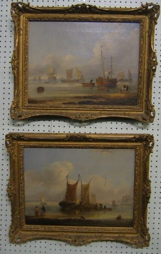 E W Cooke, a handsome pair of 18th Century oil paintings on canvas  "Barges and Ships by Shore with Figures" 11" x 15" signed (re-lined and some damage to one canvas)