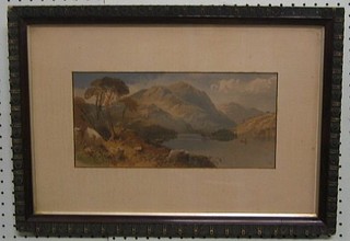 19th Century coloured print "Loch with Fishing Boat, Mountains in Distance and Stag" 6" x 13"