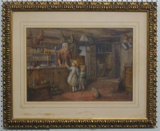 Louis Absolom?, a fine quality 19th Century watercolour drawing "Shop's Interior with Children and Seated Cat" 12" x 16", the reverse with Gallery 181 label 
