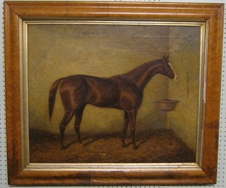 S Clark, a handsome 19th Century oil painting on canvas, study of "The Race Horse Blair Athol in Stable"  22" x 26" signed S Clark (some paint loss).  NB. Blair Athol Derby Stake Winner 1864, owned and trained by W L'Anson, Jockey J Snowden