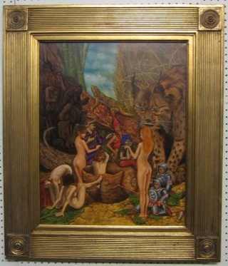 Eduardo Torassa, oil on canvas "El Caracol De Las Hadas - Mythical Scene with Figures, a Lima and a Lizard" 19" x 15"