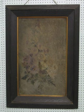 W J White, oil painting on board "Chrysanthemums" 25" x 5"