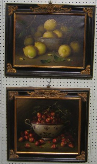 A pair of 20th Century oil paintings on canvas, still life studies "Bowl of Strawberrys and Bowl of Lemons" 11" x 15", monogrammed AC and dated '20