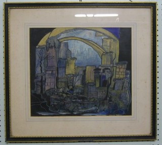 A modern art pen and ink drawing  "City Scape with Arches and Figures" monogrammed DR, 12" x 14" in a Hogarth frame