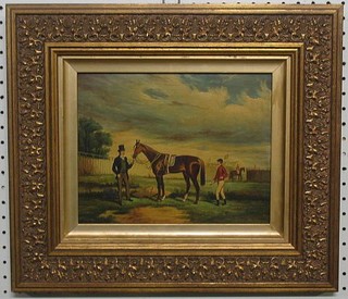 A reproduction oil painting on board "19th Century Race Horse Owner in Paddock with Horse and Jockey" 8" x 10"