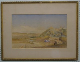 A Victorian watercolour drawing "Continental Scene with Hill Top Monastary, Figures Driving Sheep on a Track" monogrammed NK, dated 1864 13" x 21"