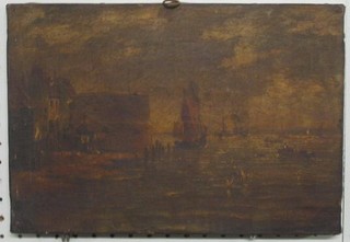 19th Century oil painting on canvas "Round Tower and Various Fishing Vessels" 9" x 13" indistinctly signed