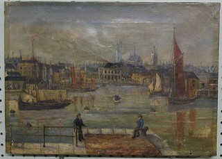 T Davey, 20th Century oil on canvas "Continental Harbour Scene with Jetty and Figures" signed and dated 1906 10" x 14"
