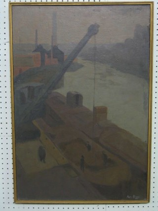 Alan Biggs, oil on board "Harbour Scene with Chimneys, Crane and Barge" 28" x 19", signed