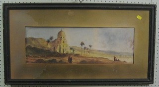 19th Century watercolour "Figures by a Mosque" indistinctly signed 7 1/2" x 21"