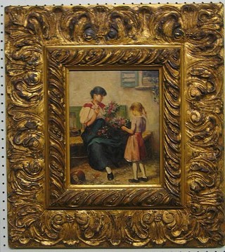 A reproduction Victorian oil painting on board "Continental Study of Seated Florist" 10" x 7"