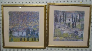 After Gustave Klint, a pair of Continental impressionist coloured prints "Buildings" 16" x 16"