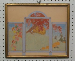 A 1930's impressionist Oriental watercolour in 3 panels, the centre panel with arch depicting rising sun and trees 10" x 12"