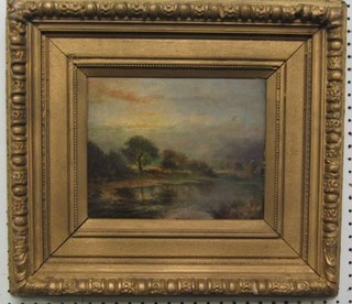 A 19th Century impressionist oil painting on canvas "Lake Scene with Trees" 8" x 10" contained in a decorative gilt frame