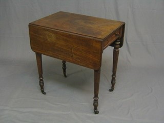 A 19th Century mahogany Pembroke table, fitted a drawer and raised on turned supports ending in brass caps and castors 26"