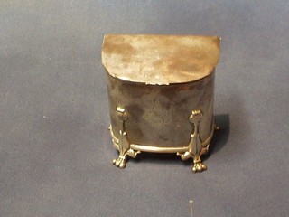 An Edwardian Art Nouveau D shaped silver caddy/biscuit box with hinged lid, raised on pierced stylised paw feet, London 1904, 10 ozs