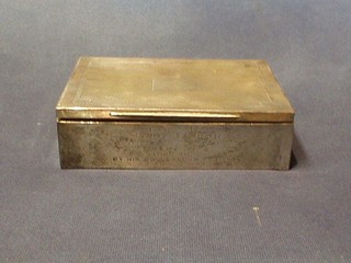 A silver engraved cigarette box with hinged lid and engine turned decoration, Birmingham 1929 6 1/2"