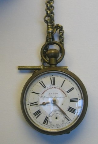 A Superior Railway Time Keepers open face pocket watch, contained in a gun metal case, the dial with Roman numerals