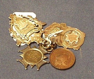 3 silver watch chain medallions and 1 other