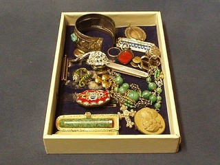 A lava carved cameo portrait brooch (f), a shagreen style cigarette holder, a micro mosaic brooch, a seed pearl cross (f), a silver bangle set hard stones, a silver brooch and a quantity of costume jewellery
