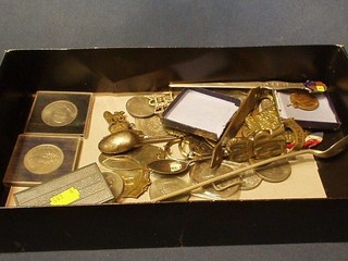 A Canadian Corps cap badge, a George V Royal Canadian Engineers cap badge, a silver and enamelled 1977 Jubilee paper knife, a collection of unofficial Coronation medals and coins
